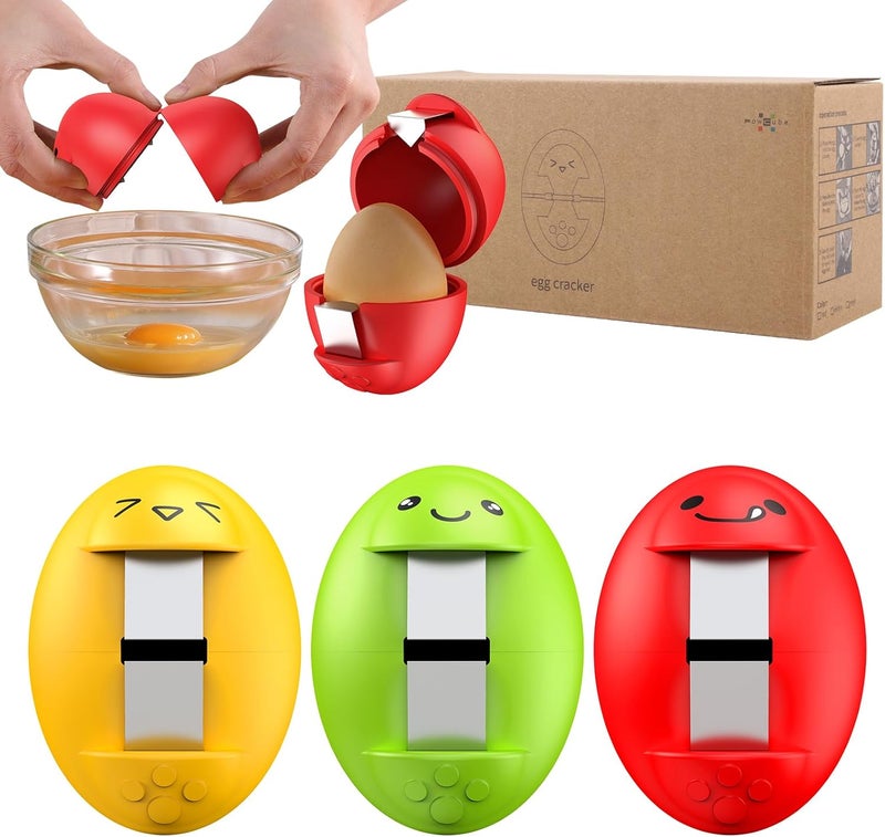 PowCube Egg Cracker, Silicone Egg Shell Opener, Cute Egg Shaped Design, Opens Eggs with Ease, A Little Happiness Boost for Your Kitchen. (3-Pack–Green, Red, Yellow) - Image 1